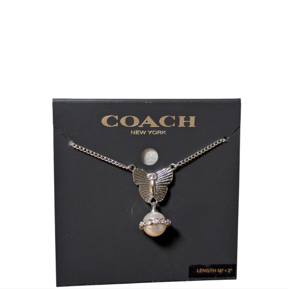 Coach Faux Stone Signature Heritage Butterfly Cultivated Pearl Pendant Necklace